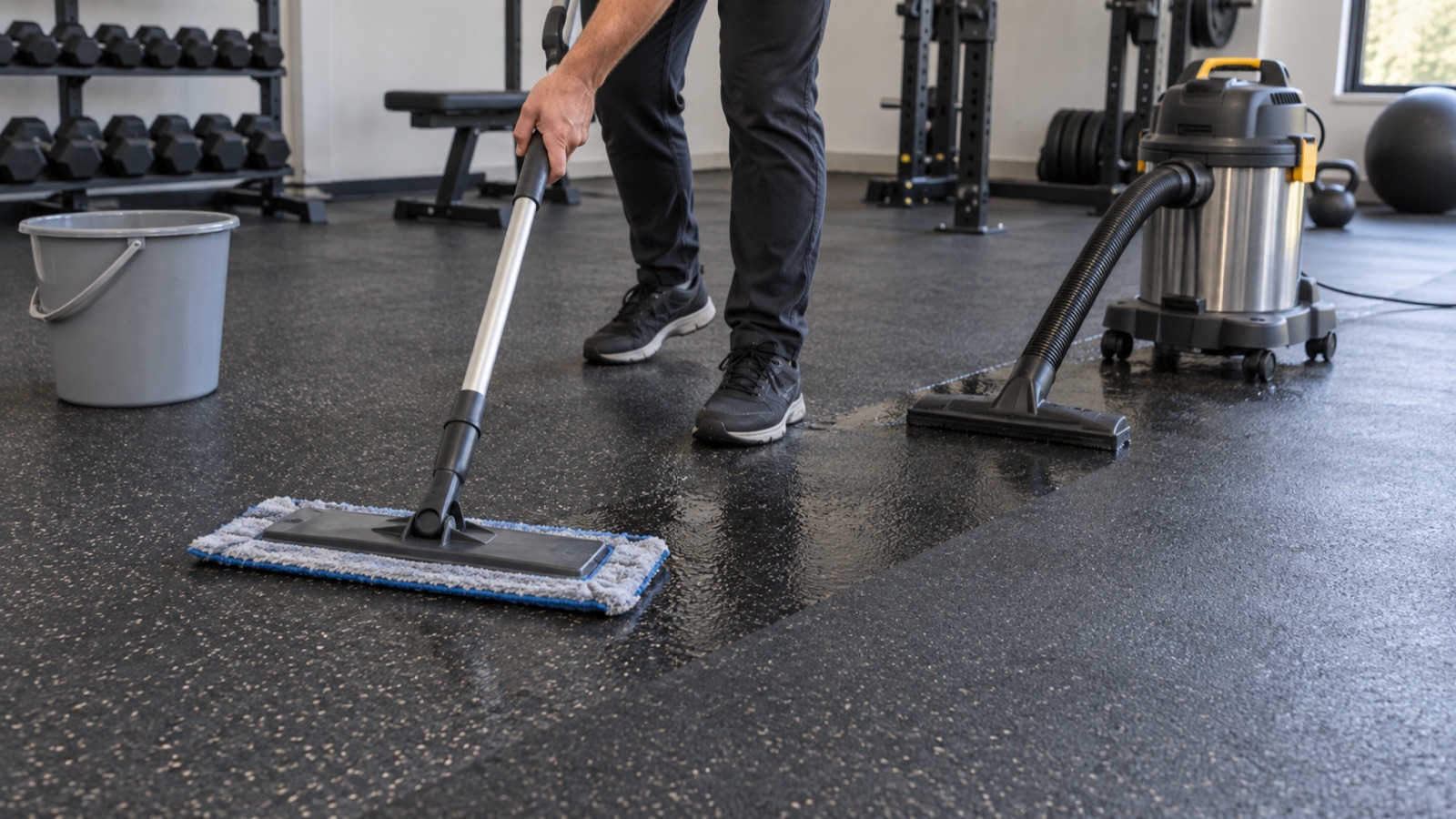 Microfiber mop cleaning one section of black rubber gym flooring while a wet vacuum recovers the dirty solution
